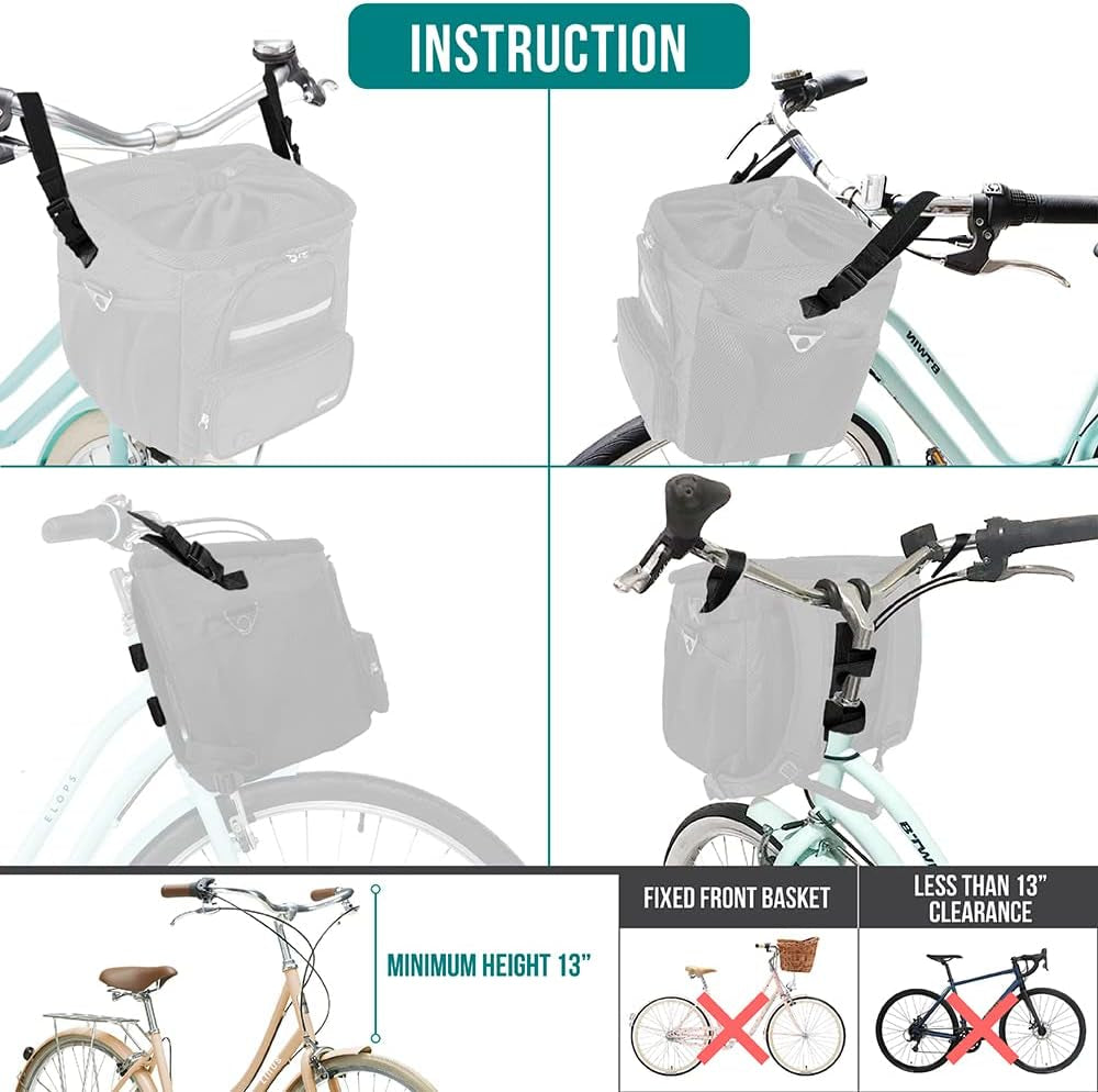 Dog Bike Basket, Soft-Sided Ventilated Dog Bike Carrier Backpack, Pet Bicycle Basket for Bike Handlebar, Small Medium Puppy Cat Kitten Car Booster Seat with Safety Strap, Max 18 Lbs, Black