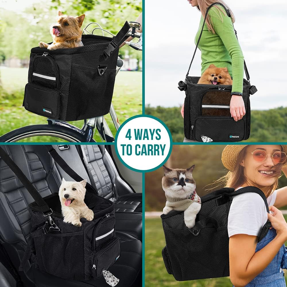 Dog Bike Basket, Soft-Sided Ventilated Dog Bike Carrier Backpack, Pet Bicycle Basket for Bike Handlebar, Small Medium Puppy Cat Kitten Car Booster Seat with Safety Strap, Max 18 Lbs, Black