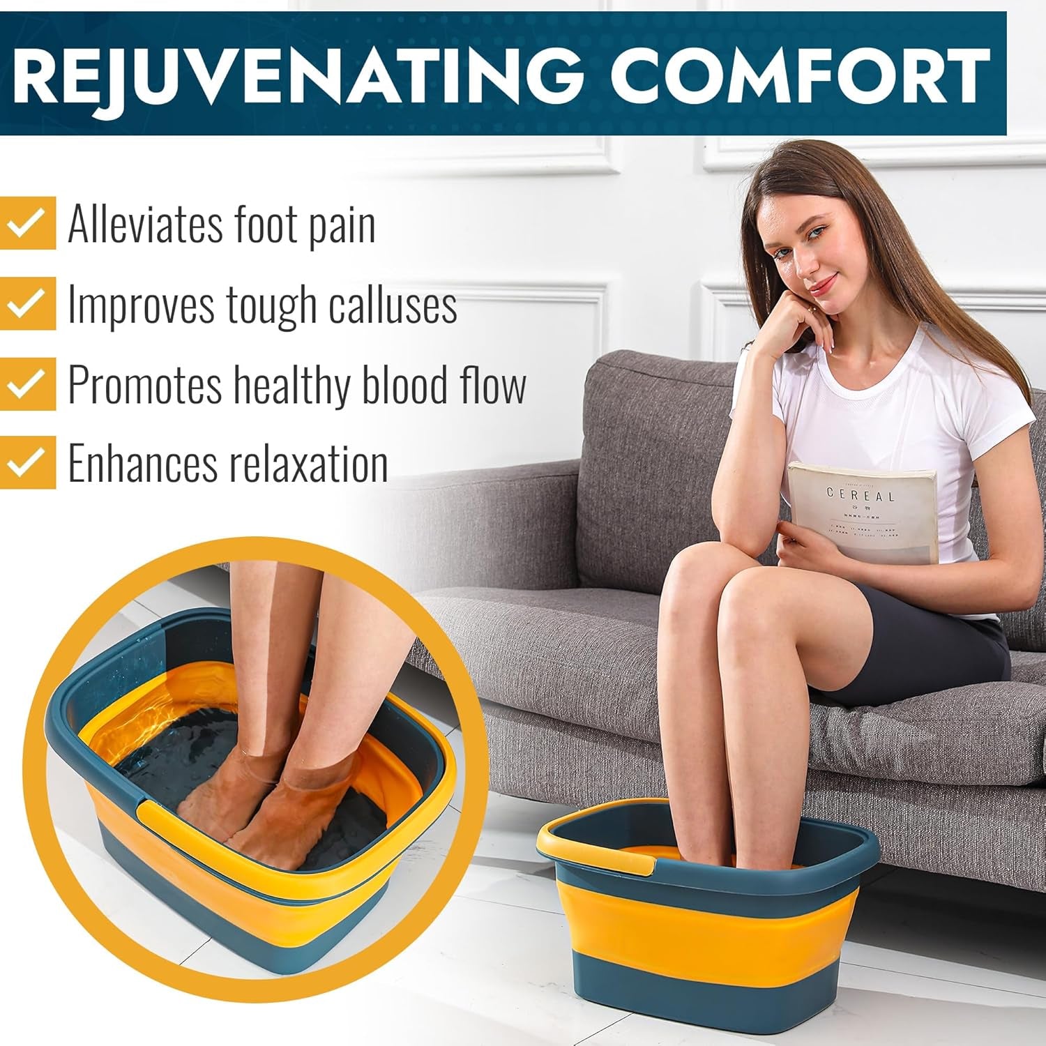 Collapsible Foot Bath – Advanced Foot Soak Tub with Portable Design and Handle – Foldable Pedicure Foot Spa Bowl – Compact and Lightweight Foot Soak with Acupressure Points, Blue and Orange