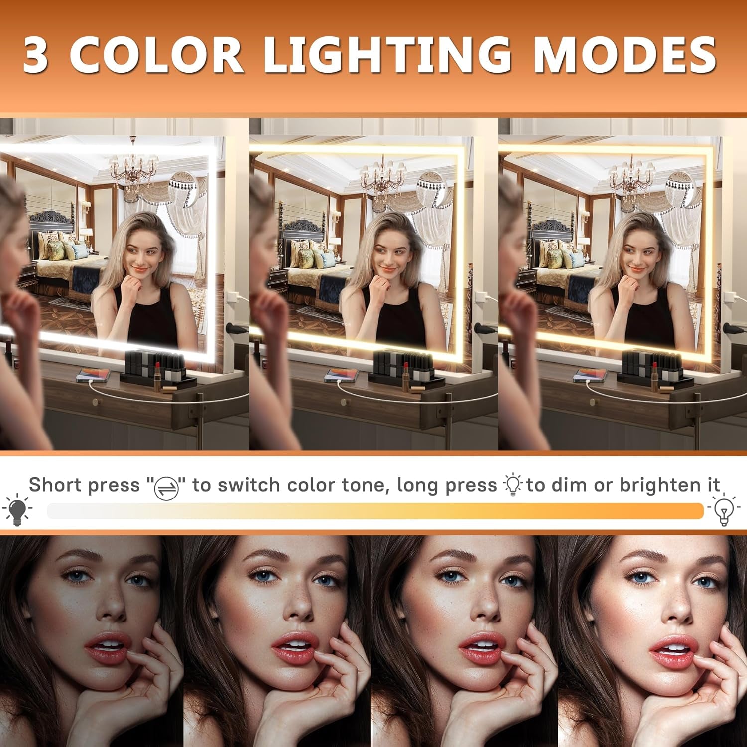 Vanity Mirror with Lights, 28" X 20" LED Makeup Mirror, Lighted Makeup Mirror with Dimmable 3 Modes, Touch Screen Control Vanity Mirror Square White
