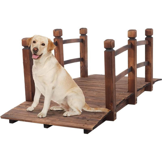 Fathersdaygift VINGLI 5 Ft Garden Bridge, Classic Wooden Arch with Safety Rails Stained Finished Footbridge, Decorative Pond Landscaping, Backyard, Creek or Farm