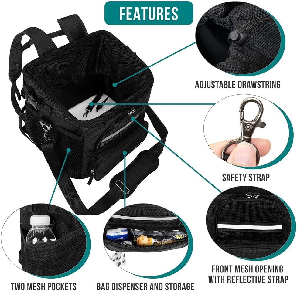 Dog Bike Basket, Soft-Sided Ventilated Dog Bike Carrier Backpack, Pet Bicycle Basket for Bike Handlebar, Small Medium Puppy Cat Kitten Car Booster Seat with Safety Strap, Max 18 Lbs, Black