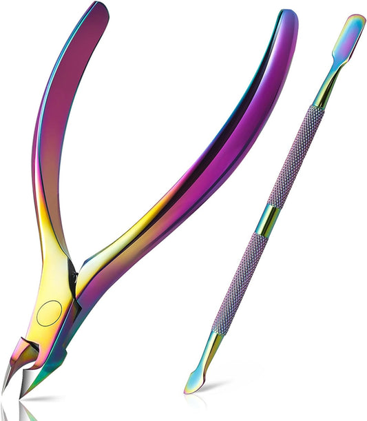 Cuticle Trimmer with Pusher - Salon Quality Cuticle Clipper with Cuticle Pushers, Super Sharp Cuticle Cutters and Dual-End Nail Pushers Cuticle Stick, Professional Manicure Tools - Rainbow