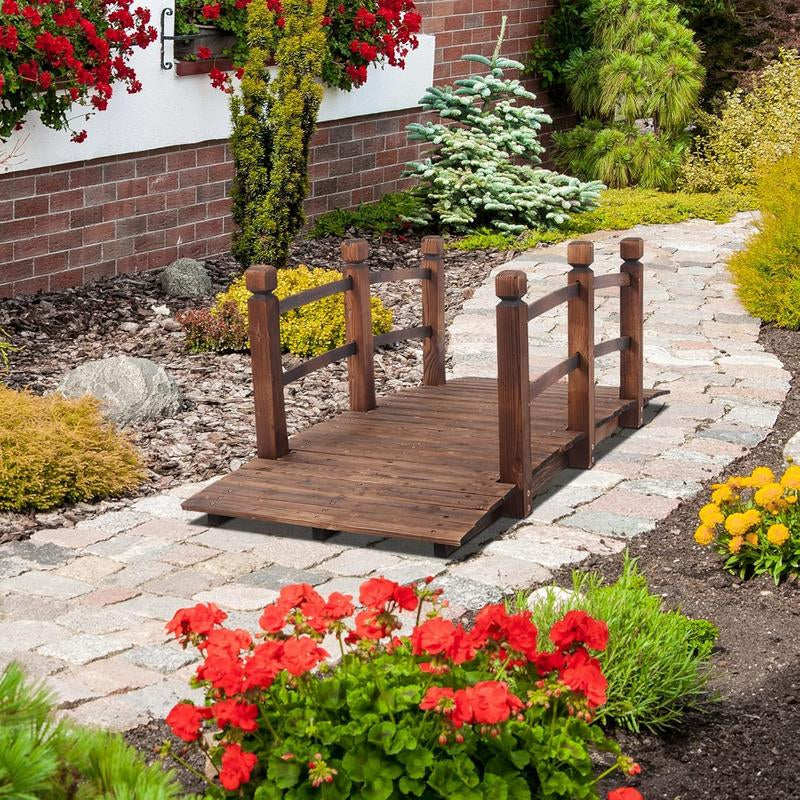 Fathersdaygift VINGLI 5 Ft Garden Bridge, Classic Wooden Arch with Safety Rails Stained Finished Footbridge, Decorative Pond Landscaping, Backyard, Creek or Farm