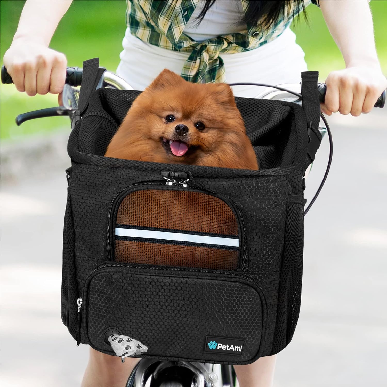 Dog Bike Basket, Soft-Sided Ventilated Dog Bike Carrier Backpack, Pet Bicycle Basket for Bike Handlebar, Small Medium Puppy Cat Kitten Car Booster Seat with Safety Strap, Max 18 Lbs, Black