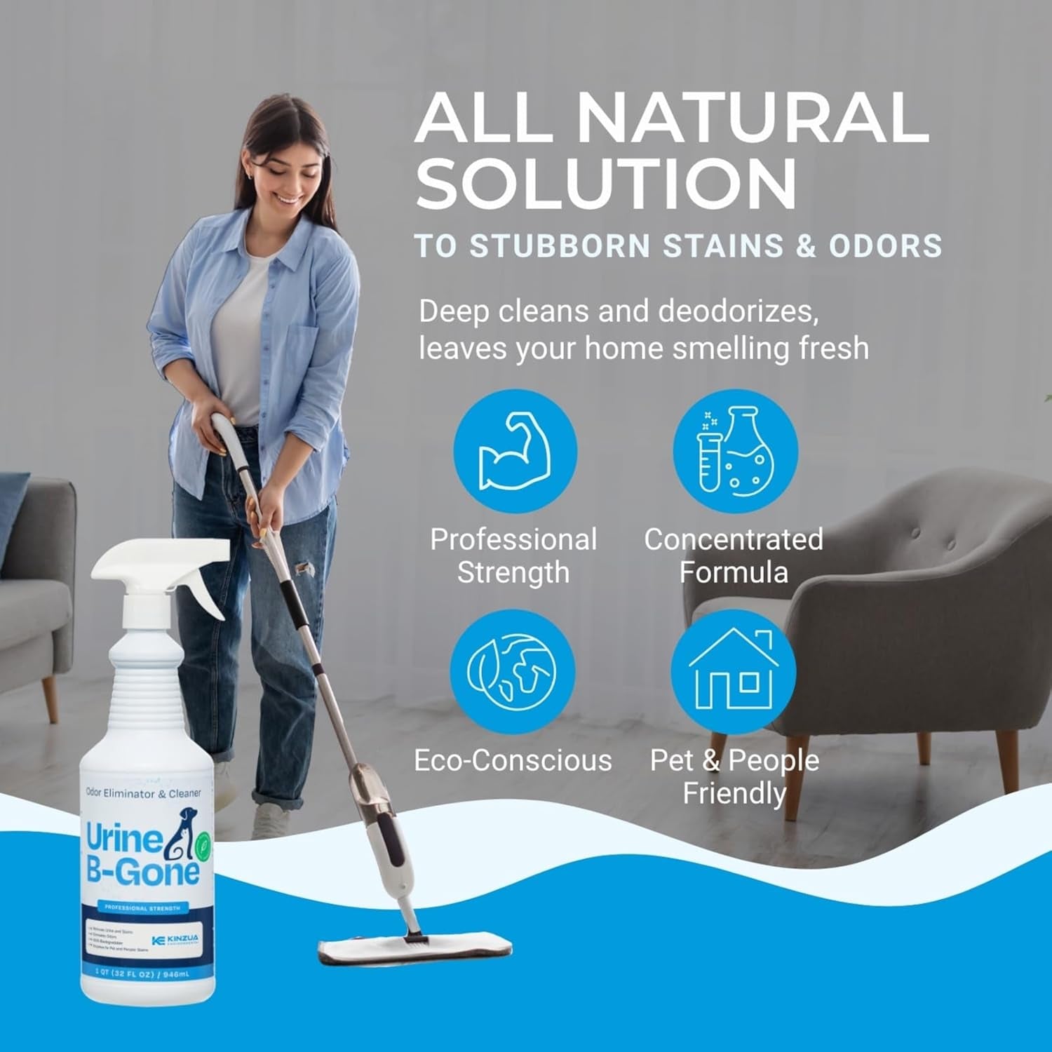 Urine B-Gone, Professional Enzyme Odor Eliminator & Pet Stain Remover, Human, Cat & Dog Urine Cleaner, Effective on Laundry, Carpets & More, Original Scent, 32Oz