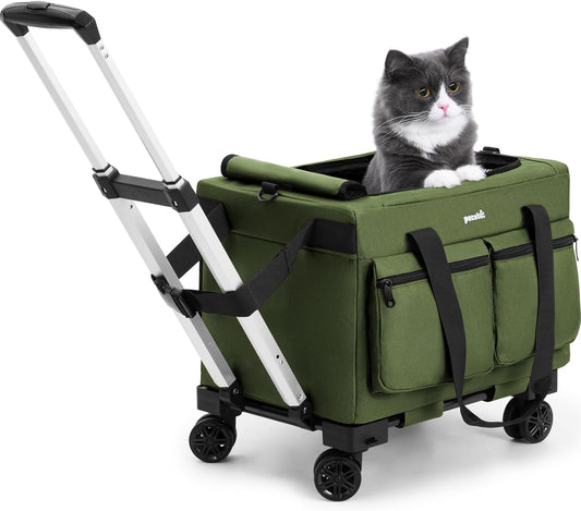 Cat Carrier with Wheels,Steel Wire Frame Cat Carrier, Stable Pet Trolley for Cats, Pet Handbag and Stroller Bag, Portable Cat Bag for Travel Bus Subway, Green