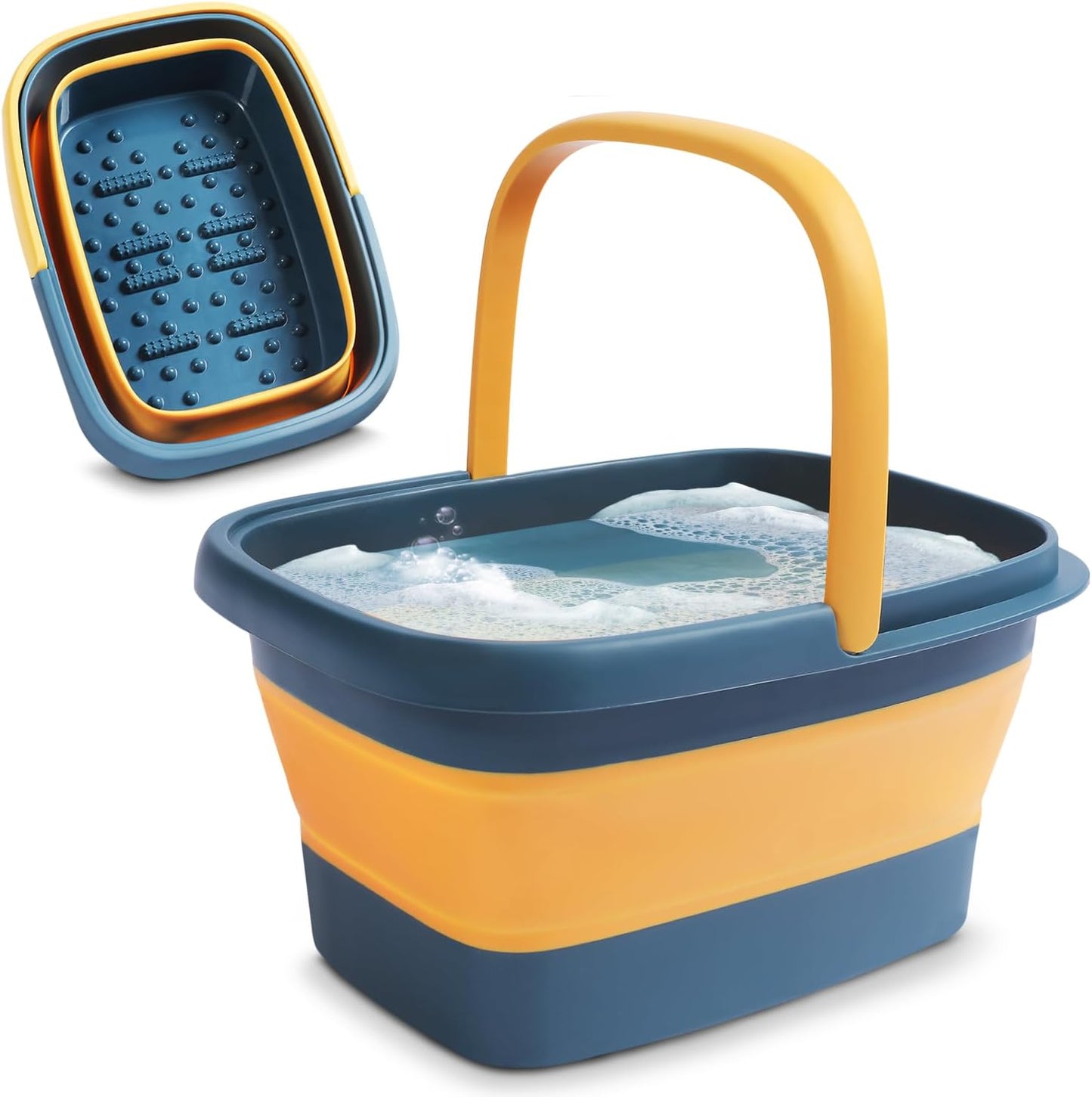 Collapsible Foot Bath – Advanced Foot Soak Tub with Portable Design and Handle – Foldable Pedicure Foot Spa Bowl – Compact and Lightweight Foot Soak with Acupressure Points, Blue and Orange