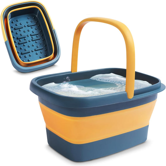 Collapsible Foot Bath – Advanced Foot Soak Tub with Portable Design and Handle – Foldable Pedicure Foot Spa Bowl – Compact and Lightweight Foot Soak with Acupressure Points, Blue and Orange