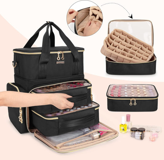 Double Layer Nail Polish Organizer Holds 70 Bottles (15Ml - 0.5 Fl.Oz) and a Nail Dryer, Nail Polish Case with 2 Removable Pouches and Tools Storage Sections (Bag Only), Black