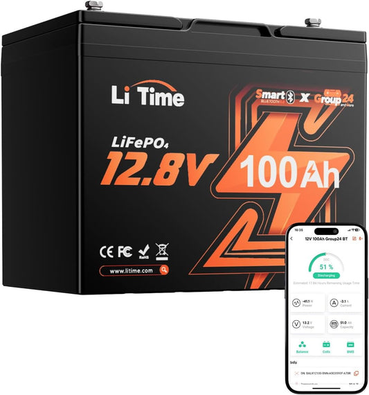 12V 100Ah Bluetooth Lifepo4 Lithium Battery, Group 24, Max.1280Wh Energy, Built-In 100A BMS with Low-Temp Protection, Max.15000 Cycles, Perfect for RV, Solar System, Trolling Motor