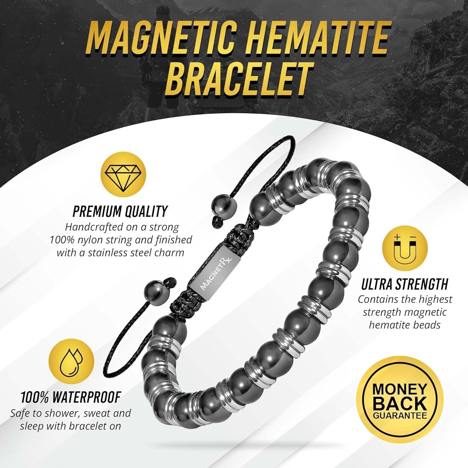 ® Magnetic Hematite Bracelet – MAX Strength Magnetic Stones – Beaded Magnetic Bracelets for Men and Women (Silver Titan 8Mm Bead)