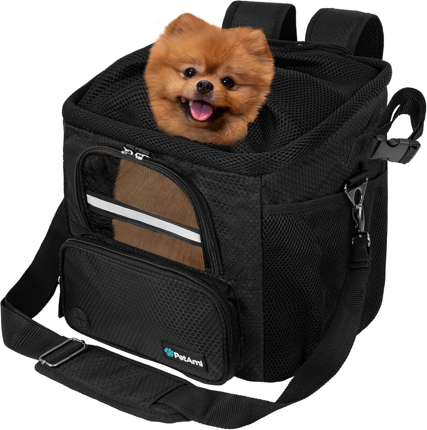 Dog Bike Basket, Soft-Sided Ventilated Dog Bike Carrier Backpack, Pet Bicycle Basket for Bike Handlebar, Small Medium Puppy Cat Kitten Car Booster Seat with Safety Strap, Max 18 Lbs, Black