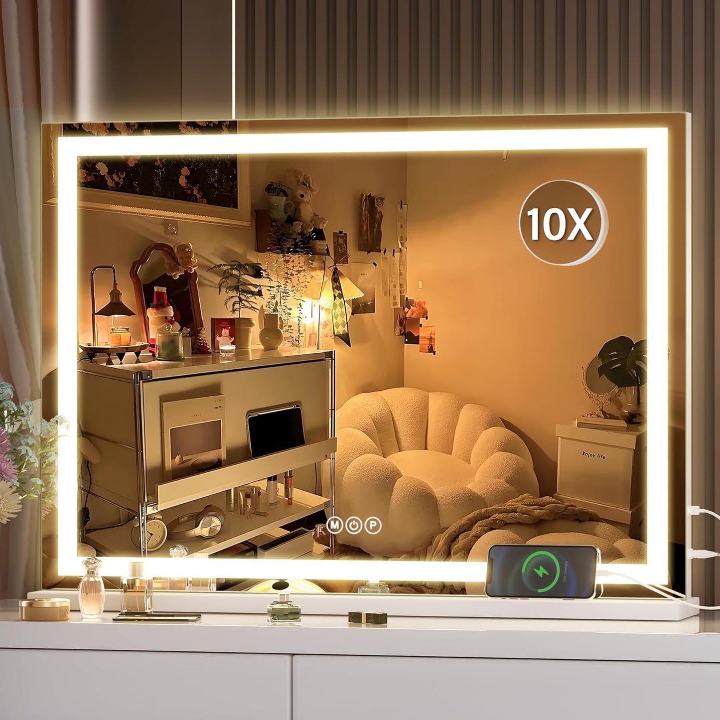 Vanity Mirror with Lights, 28" X 20" LED Makeup Mirror, Lighted Makeup Mirror with Dimmable 3 Modes, Touch Screen Control Vanity Mirror Square White