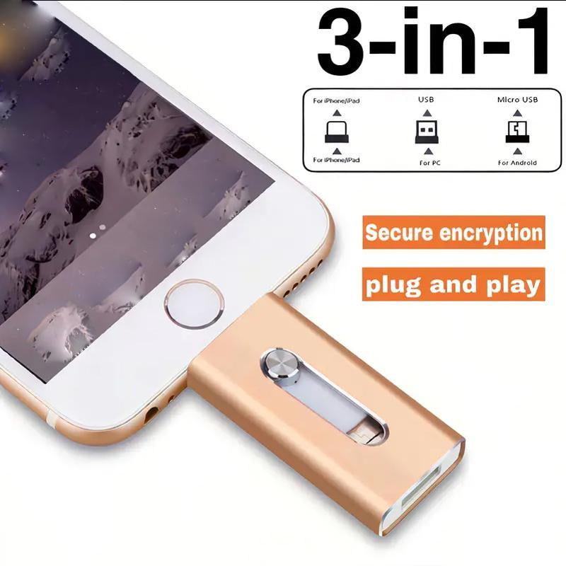 3 in 1 USB Storage Flash Pen Drive for Iphone, 1 Count Portable High Speed USB 3.0 Data Transfer Memory Stick, Thumb Drive for Ipad, Android Phones, PC and More Devices, Men Gifts