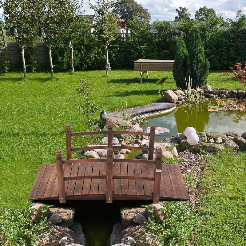 Fathersdaygift VINGLI 5 Ft Garden Bridge, Classic Wooden Arch with Safety Rails Stained Finished Footbridge, Decorative Pond Landscaping, Backyard, Creek or Farm