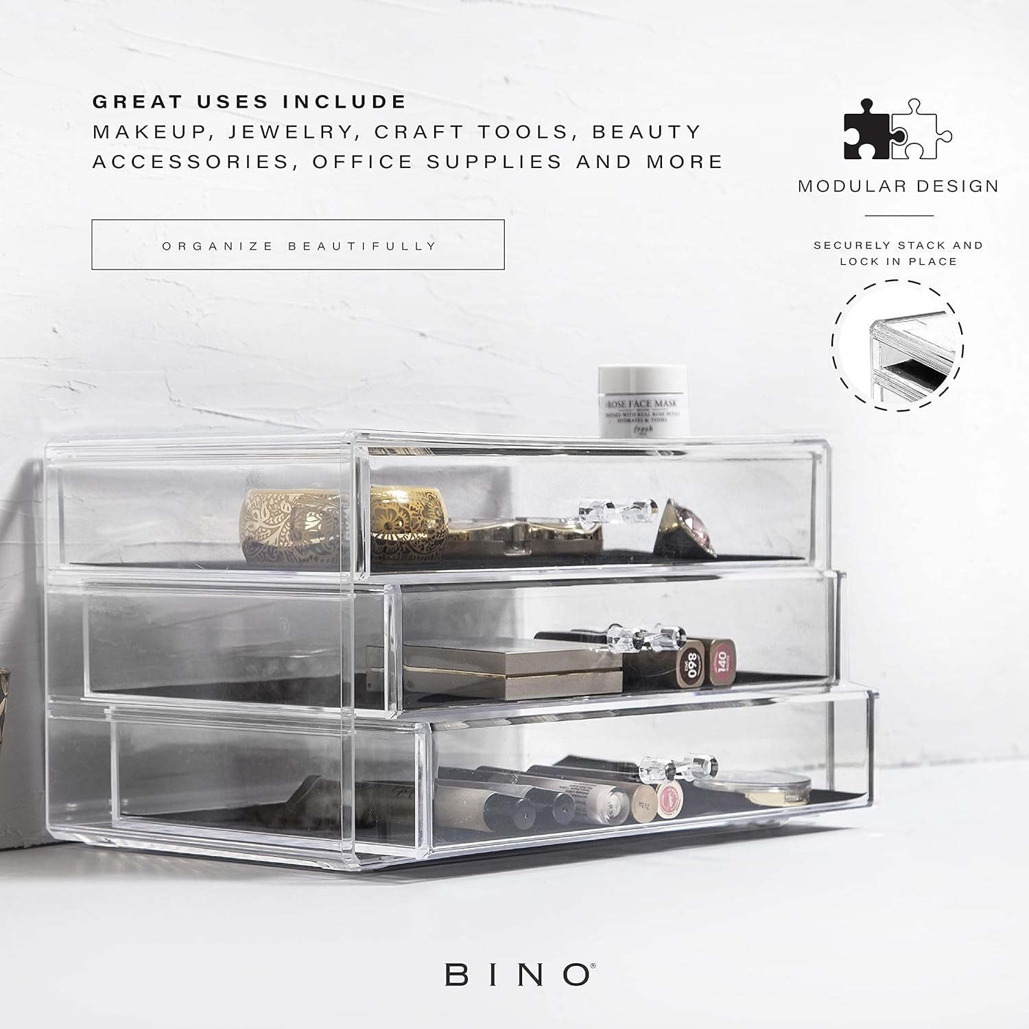 3-Drawer Makeup Organizer, Park Avenue | the MANHATTAN SERIES | Modern Minimalist | Clear Acrylic Organizers | Stackable Storage Bins