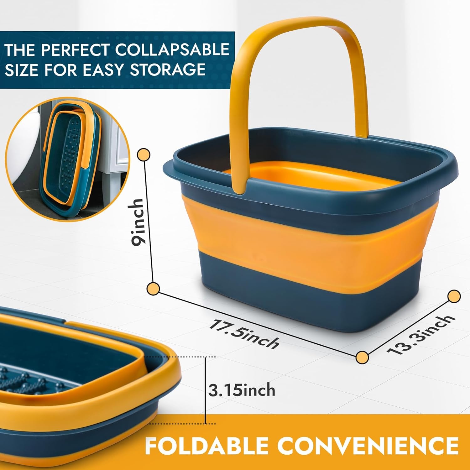 Collapsible Foot Bath – Advanced Foot Soak Tub with Portable Design and Handle – Foldable Pedicure Foot Spa Bowl – Compact and Lightweight Foot Soak with Acupressure Points, Blue and Orange