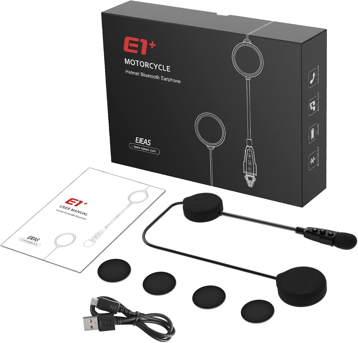 E1+ Motorcycle Helmet Bluetooth Headset, Bluetooth 5.1 Helmet Speaker with Auto Answering Call and Noise Reduction Function, Motorcycle Helmet Headphone Can Connect 2 Mobile Phones