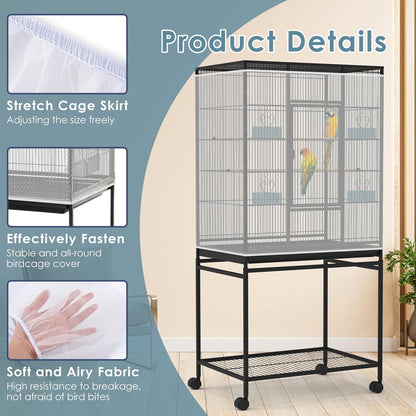 Bird Cage Seed Catcher, 90-118‘’ Universal Birdcage Net Nylon 31.8'' H Adjustable Elastic Band Stretchy Skirts Mesh Cover for Parrot Cage Seed Guard (Not Include Birdcage)- White