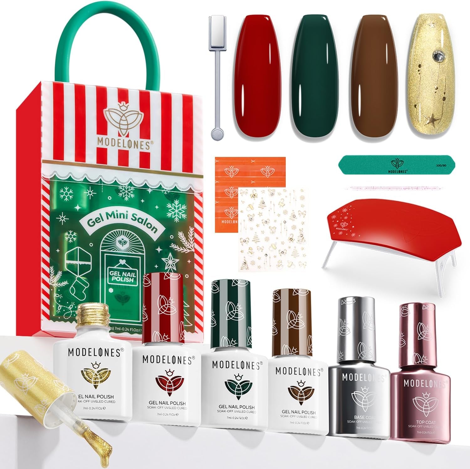 Gel Nail Polish Kit with U V Light, 4 Colors Gel Mini Salon, Red Brown Green Gold Cat Eye Magnetic Manicure Set, Xmas Stickers Base Top Coat, Fall Winter Holiday Gift for Women