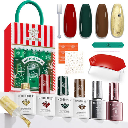 Gel Nail Polish Kit with U V Light, 4 Colors Gel Mini Salon, Red Brown Green Gold Cat Eye Magnetic Manicure Set, Xmas Stickers Base Top Coat, Fall Winter Holiday Gift for Women