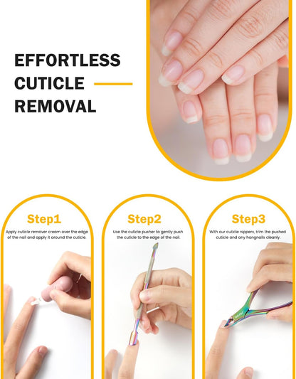 Cuticle Trimmer with Pusher - Salon Quality Cuticle Clipper with Cuticle Pushers, Super Sharp Cuticle Cutters and Dual-End Nail Pushers Cuticle Stick, Professional Manicure Tools - Rainbow
