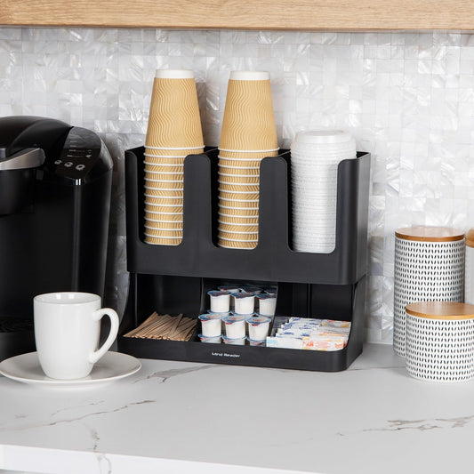 6 Compartment Upright Breakroom Coffee Condiment and Cup Storage Organizer, Black, 13.5 X 4.30 X 12