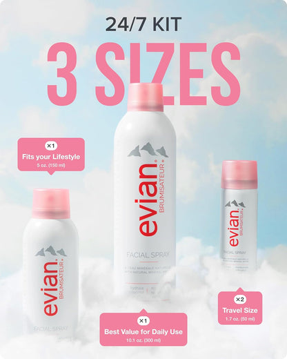 Evian Facial Spray 24/7 Kit - Hydrating Mineral Water Mist for Face & Skin - Refreshes Makeup, Sets, & Tones - Travel-Friendly Sizes for Daily Moisture Boost