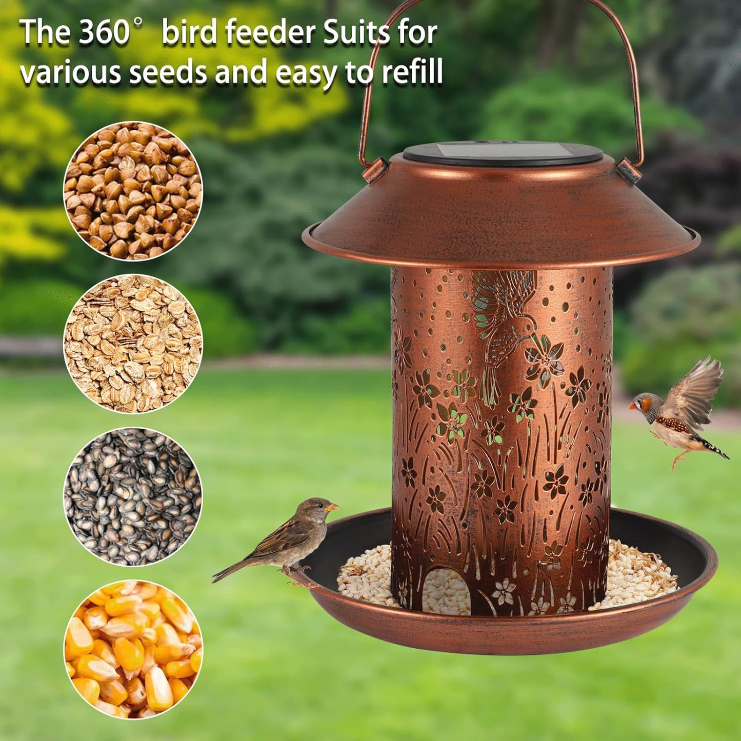 Solar Bird Feeder for Outdoors Hanging, Metal Waterproof Wild Bird Feeder for Cardinals, Lantern Light for Garden Decor, Butterfly