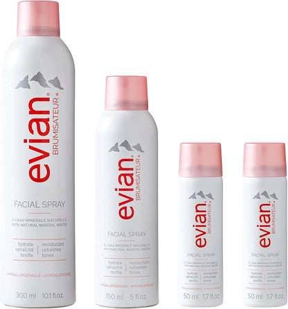 Evian Facial Spray 24/7 Kit - Hydrating Mineral Water Mist for Face & Skin - Refreshes Makeup, Sets, & Tones - Travel-Friendly Sizes for Daily Moisture Boost