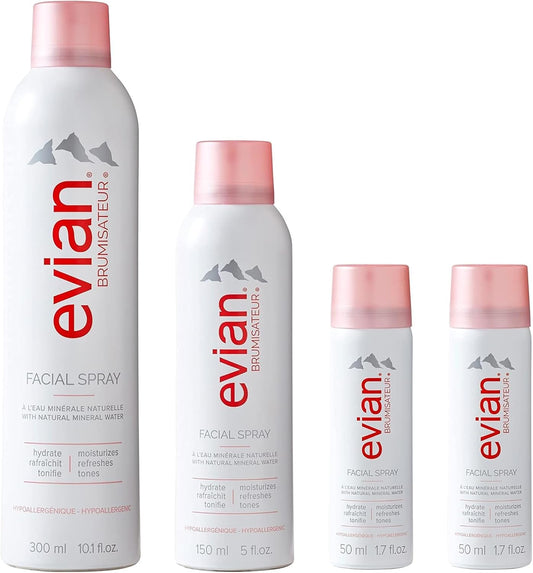 Evian Facial Spray 24/7 Kit - Hydrating Mineral Water Mist for Face & Skin - Refreshes Makeup, Sets, & Tones - Travel-Friendly Sizes for Daily Moisture Boost