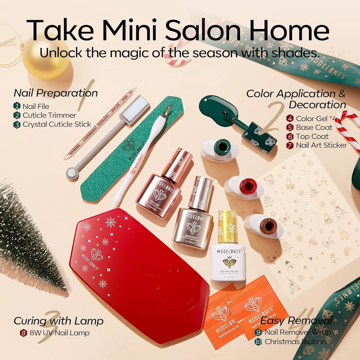 Gel Nail Polish Kit with U V Light, 4 Colors Gel Mini Salon, Red Brown Green Gold Cat Eye Magnetic Manicure Set, Xmas Stickers Base Top Coat, Fall Winter Holiday Gift for Women