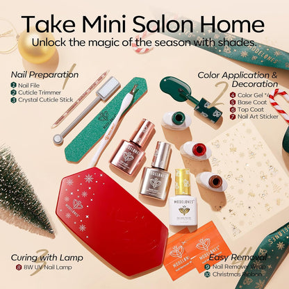 Gel Nail Polish Kit with U V Light, 4 Colors Gel Mini Salon, Red Brown Green Gold Cat Eye Magnetic Manicure Set, Xmas Stickers Base Top Coat, Fall Winter Holiday Gift for Women
