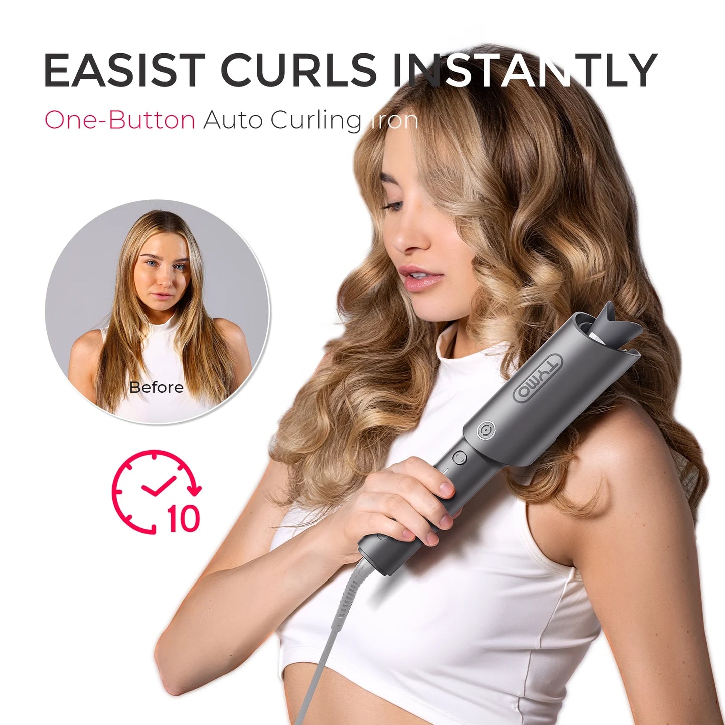 CURLPRO Automatic Curling Iron - Achieve Effortless Beach Waves with Rotating Curler, 500M Ionic Technology, Dual Voltage, Lightweight Design, 1 Inch in Gray