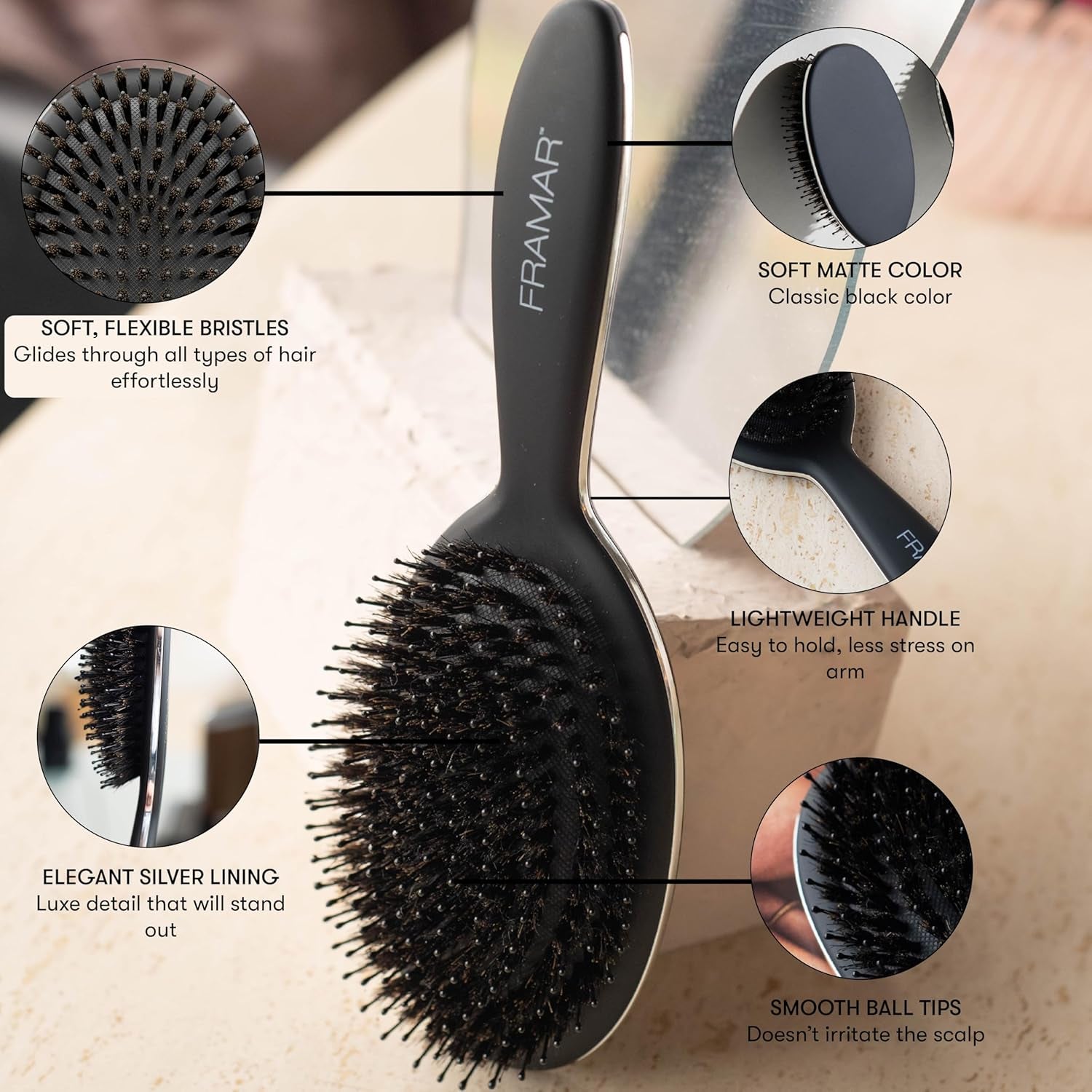 Black Boar Bristle Hair Brush - Natural Bristle Brush for Fine Hair, Boar Brush for Slicking Back Hair, Hair Brush for Women, Slick Back Hair Brush, Brosse a Cheveux, Brosse Poil De Sanglier