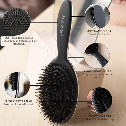 Black Boar Bristle Hair Brush - Natural Bristle Brush for Fine Hair, Boar Brush for Slicking Back Hair, Hair Brush for Women, Slick Back Hair Brush, Brosse a Cheveux, Brosse Poil De Sanglier