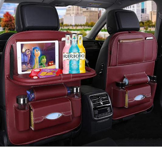 Car Back Seat Organizer with Foldable Table Tray, PU Leather Backseat Organizer for Kids Toddlers Travel, Car Kick Mats Seat Back Protector Storage Pocket with Touch Screen Tablet Holder