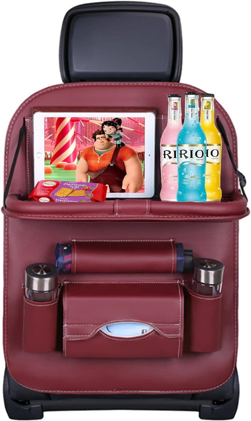 Car Back Seat Organizer with Foldable Table Tray, PU Leather Backseat Organizer for Kids Toddlers Travel, Car Kick Mats Seat Back Protector Storage Pocket with Touch Screen Tablet Holder