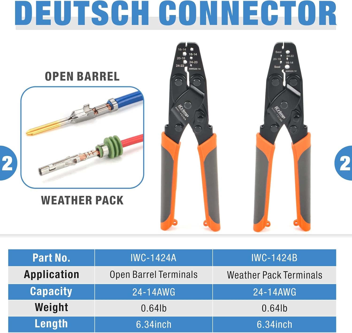Icrimp Deutsch Terminal Crimp Tool Kit, Close Barrel and Open Barrel Crimper, Deutsch Removal Extraction Tool for Deutsch DT Connectors, Solid & Stamped Contacts, Delphi Weather Pack Terminals-12Pcs