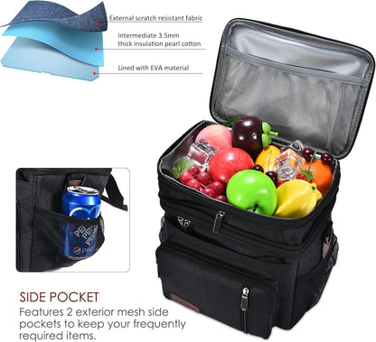 Lunch Bag for Women Men Double Deck Lunch Box - Leakproof Insulated Soft Large Lunch Cooler Bag,  (Black,15L)