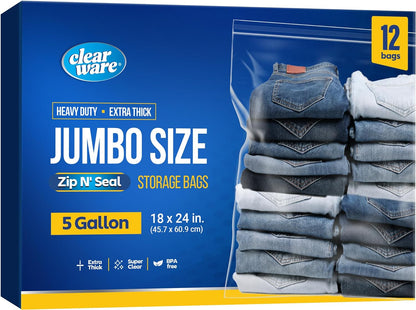 12 Large Storage Bags with Zipper Top - 5 Gallon Bags 18" X 24", Extra Large Plastic for Clothes, Travel, Moving, Large Reusable Freezer Bags, Bpa-Free, 2-Mil Thick