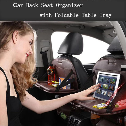Car Back Seat Organizer with Foldable Table Tray, PU Leather Backseat Organizer for Kids Toddlers Travel, Car Kick Mats Seat Back Protector Storage Pocket with Touch Screen Tablet Holder