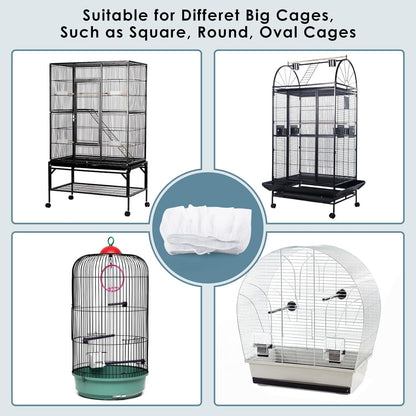 Bird Cage Seed Catcher, 90-118‘’ Universal Birdcage Net Nylon 31.8'' H Adjustable Elastic Band Stretchy Skirts Mesh Cover for Parrot Cage Seed Guard (Not Include Birdcage)- White