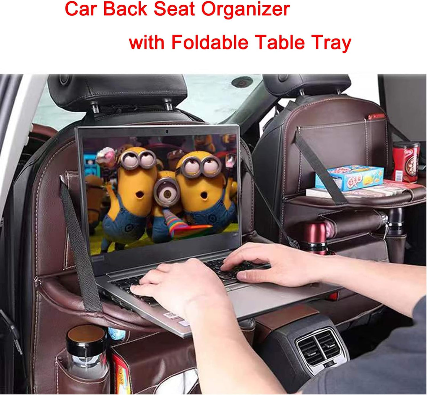 Car Back Seat Organizer with Foldable Table Tray, PU Leather Backseat Car Organizer with Tablet Holder for Kids Toddlers Travel, Car Seat Back Protector Storage Kick Mats Travel Accessories