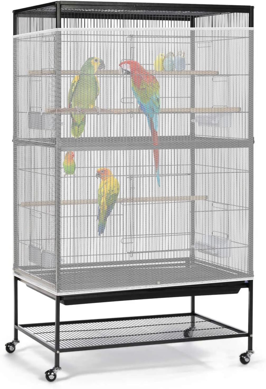 Bird Cage Seed Catcher, 90-118‘’ Universal Birdcage Net Nylon 31.8'' H Adjustable Elastic Band Stretchy Skirts Mesh Cover for Parrot Cage Seed Guard (Not Include Birdcage)- White
