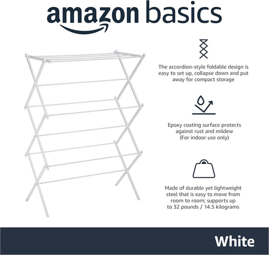 Foldable Portable Laundry Drying Rack for Air Drying Clothing, Indoor Outdoor Use - 29.4 X 14.8 X 41.9 Inches (Lxwxh), White