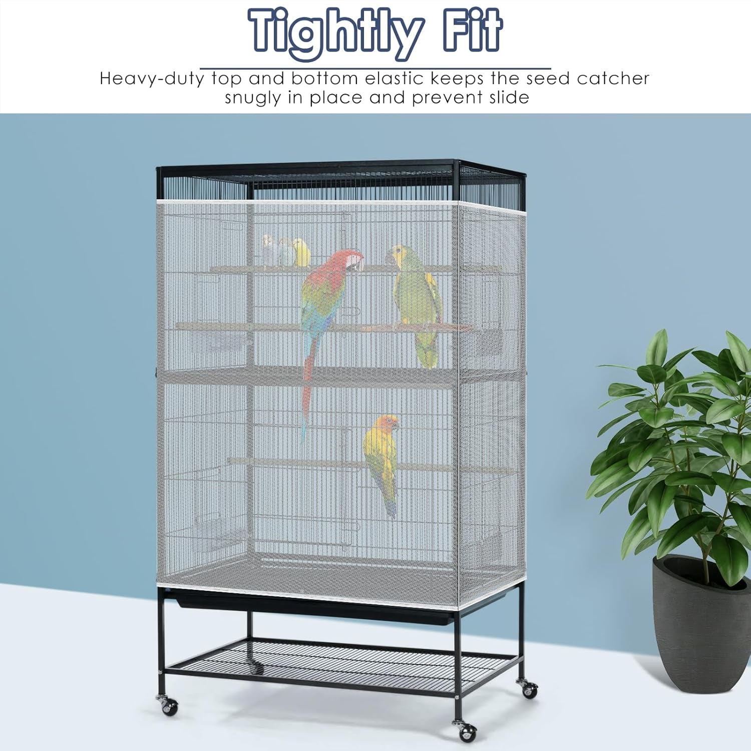 Bird Cage Seed Catcher, 90-118‘’ Universal Birdcage Net Nylon 31.8'' H Adjustable Elastic Band Stretchy Skirts Mesh Cover for Parrot Cage Seed Guard (Not Include Birdcage)- White