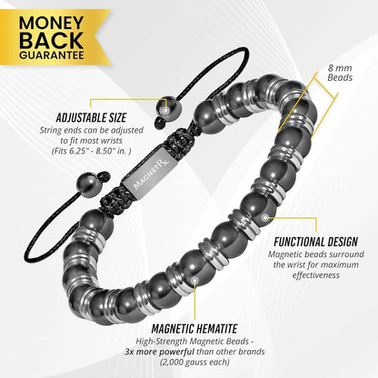 ® Magnetic Hematite Bracelet – MAX Strength Magnetic Stones – Beaded Magnetic Bracelets for Men and Women (Silver Titan 8Mm Bead)