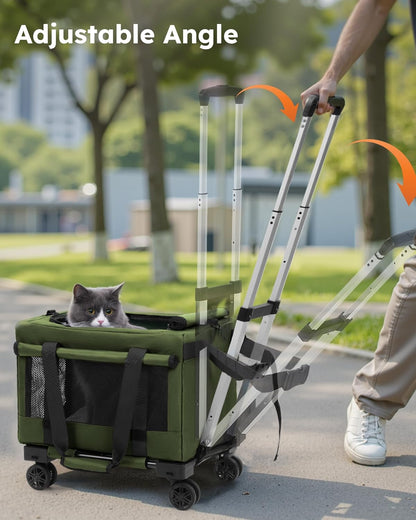 Cat Carrier with Wheels,Steel Wire Frame Cat Carrier, Stable Pet Trolley for Cats, Pet Handbag and Stroller Bag, Portable Cat Bag for Travel Bus Subway, Green